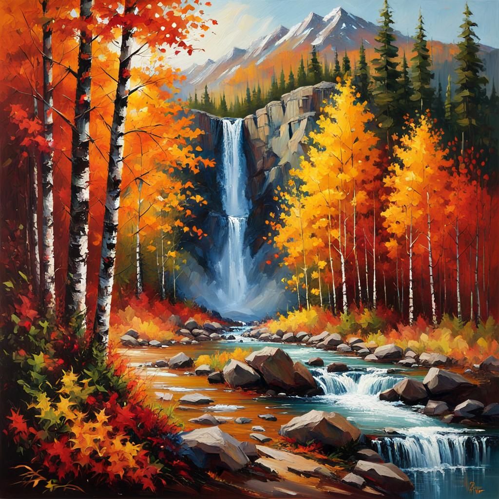 Autumn Mountain Landscape Waterfall Impasto Oil Painting