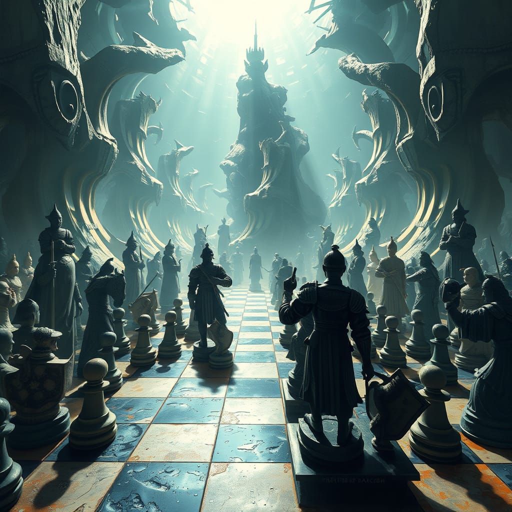 Colossal Chess Battle in Infinite Surreal Landscape