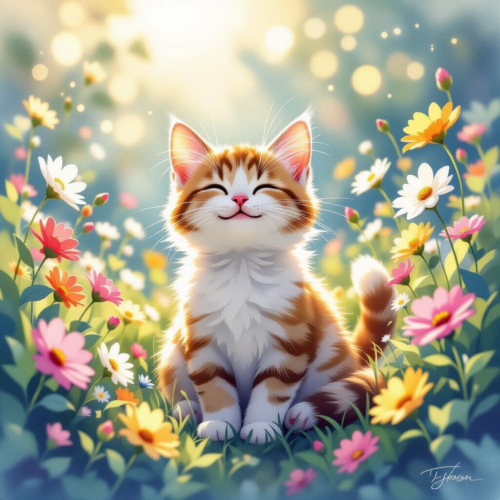 Joyful Spring Cat Among Flowers in Watercolor Style
