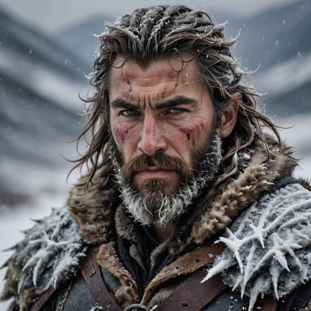 Hyper-Realistic Tundra Warrior with Icy Mountains