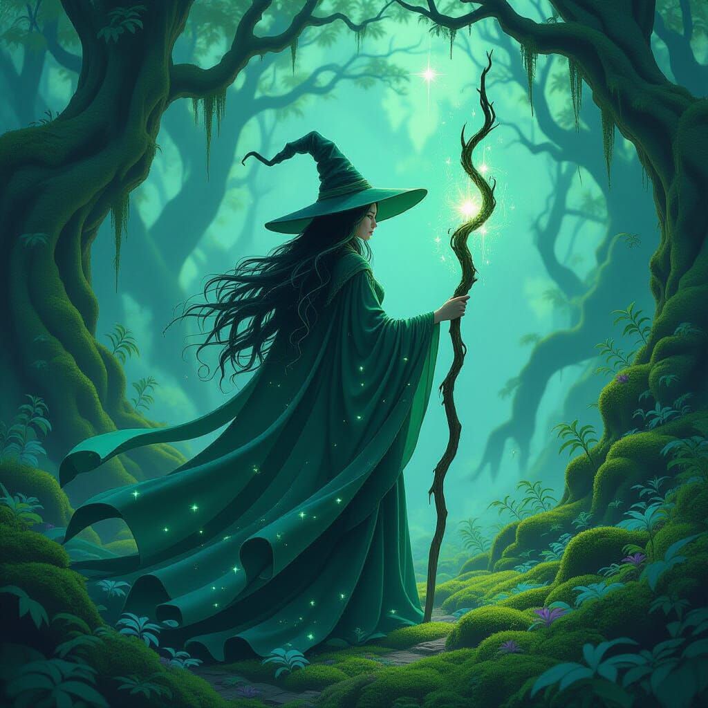 Mystical Witch in Ancient Forest with Liquid Light Robes