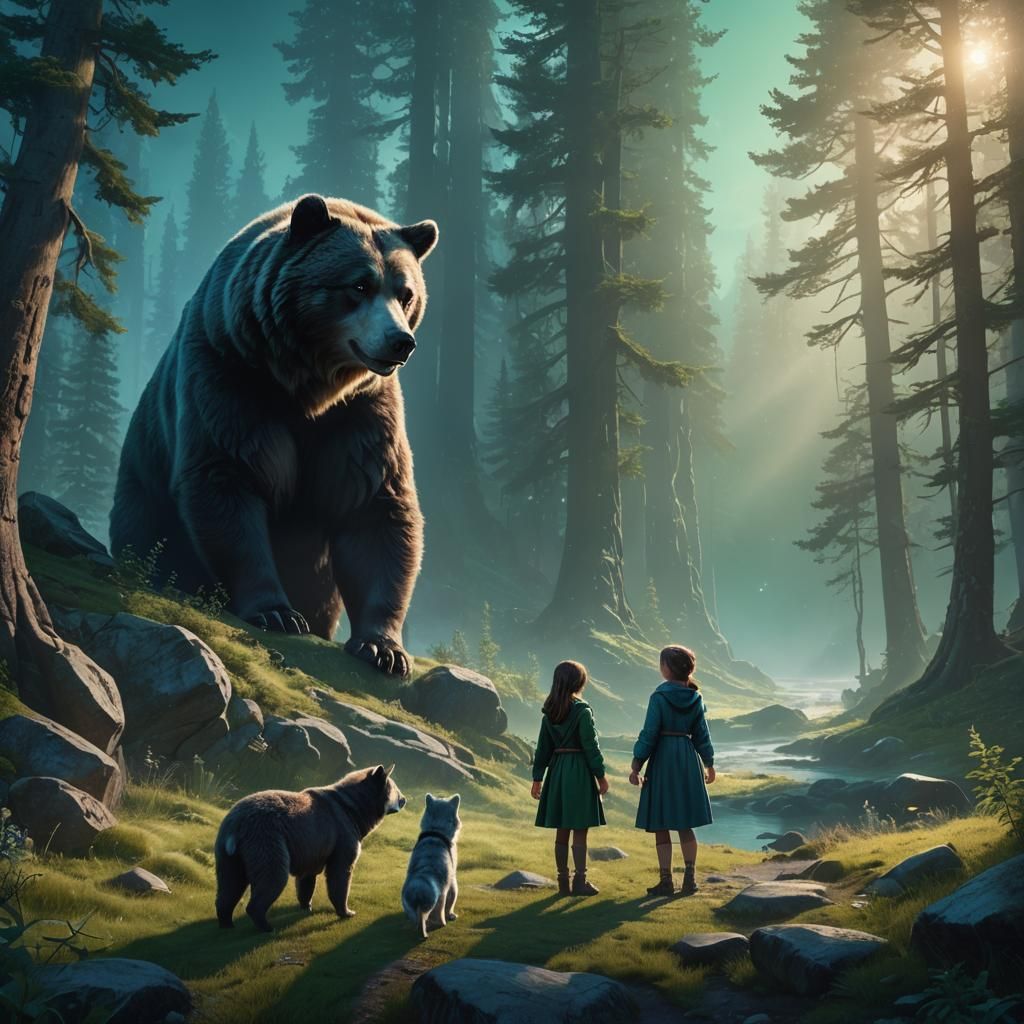 Girl and Bear in Emerald and Sapphire Landscape