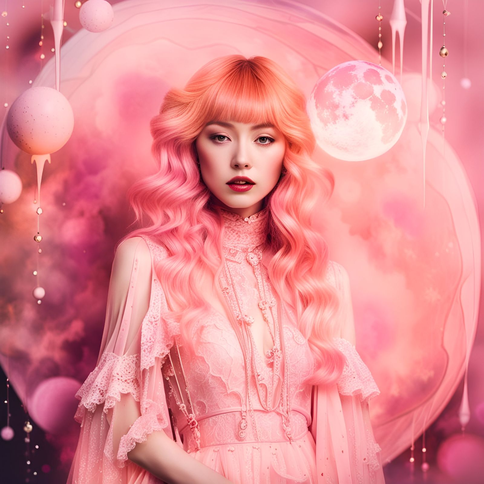 Drip art, editorial style hyper saturated photography, peach-haired Korean model in an elaborate pink Edwardian lace dre...