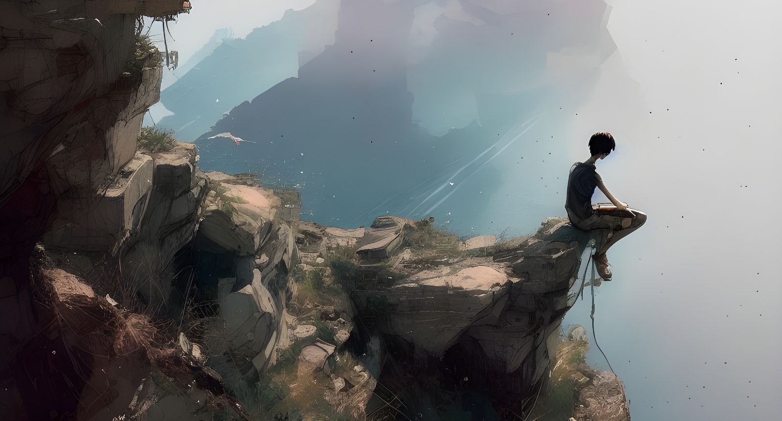 Boy on Cliff: Digital Art in Watercolor Style