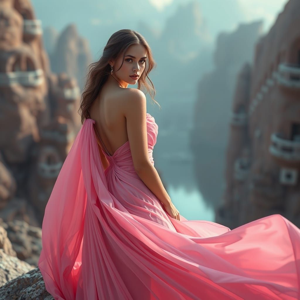 Elegant Lady in Pink Dress, Hyperrealistic Digital Art