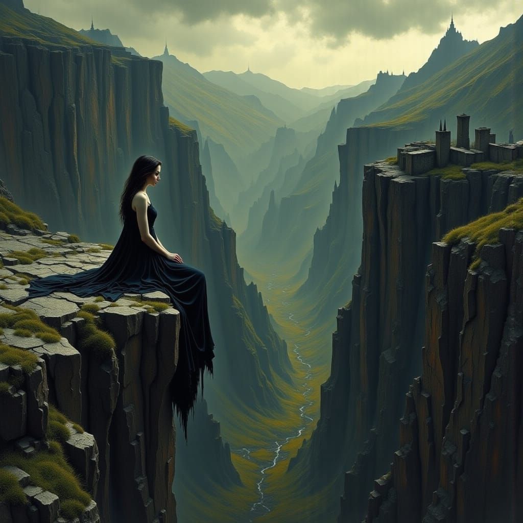 Demoness on Cliff Edge in Dystopian Landscape
