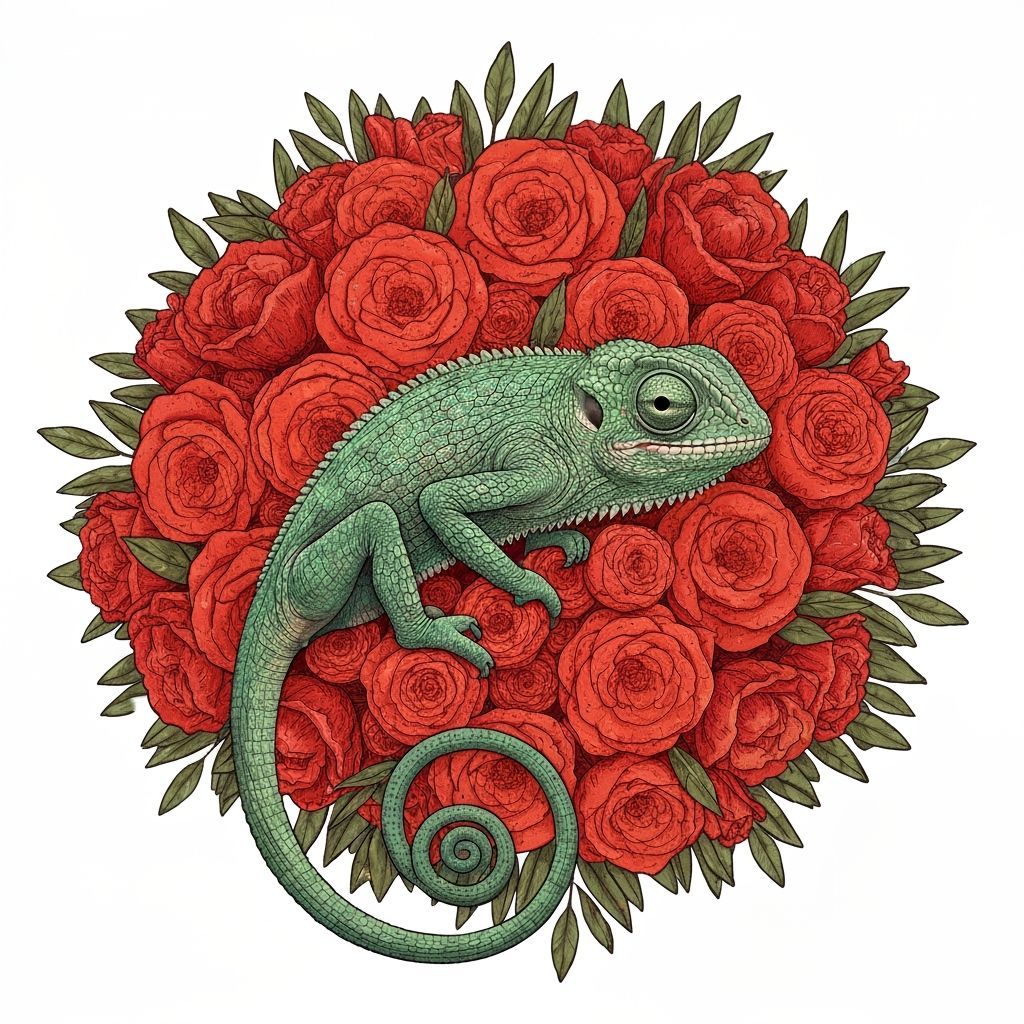 Chameleon Hiding in Exotic Flowers with Smiling Mouth