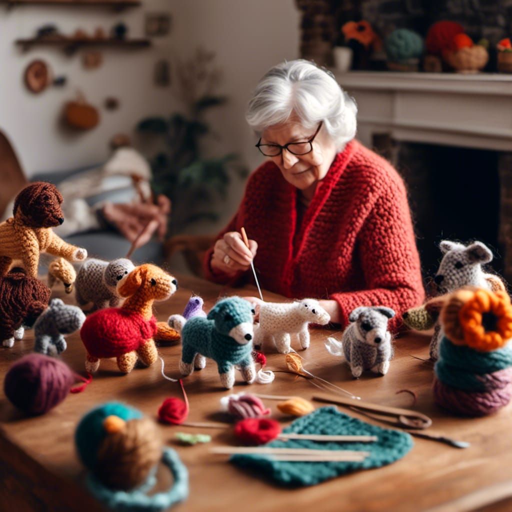 Grandma Crocheting with Yarn Animals