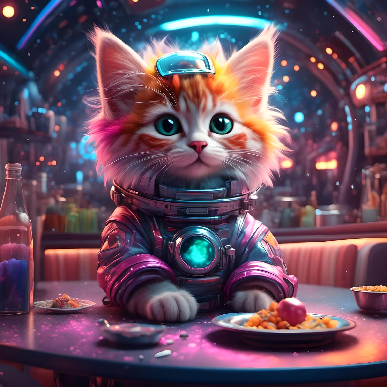 Space Kitten in Cosmic Diner Fantasy Portrait