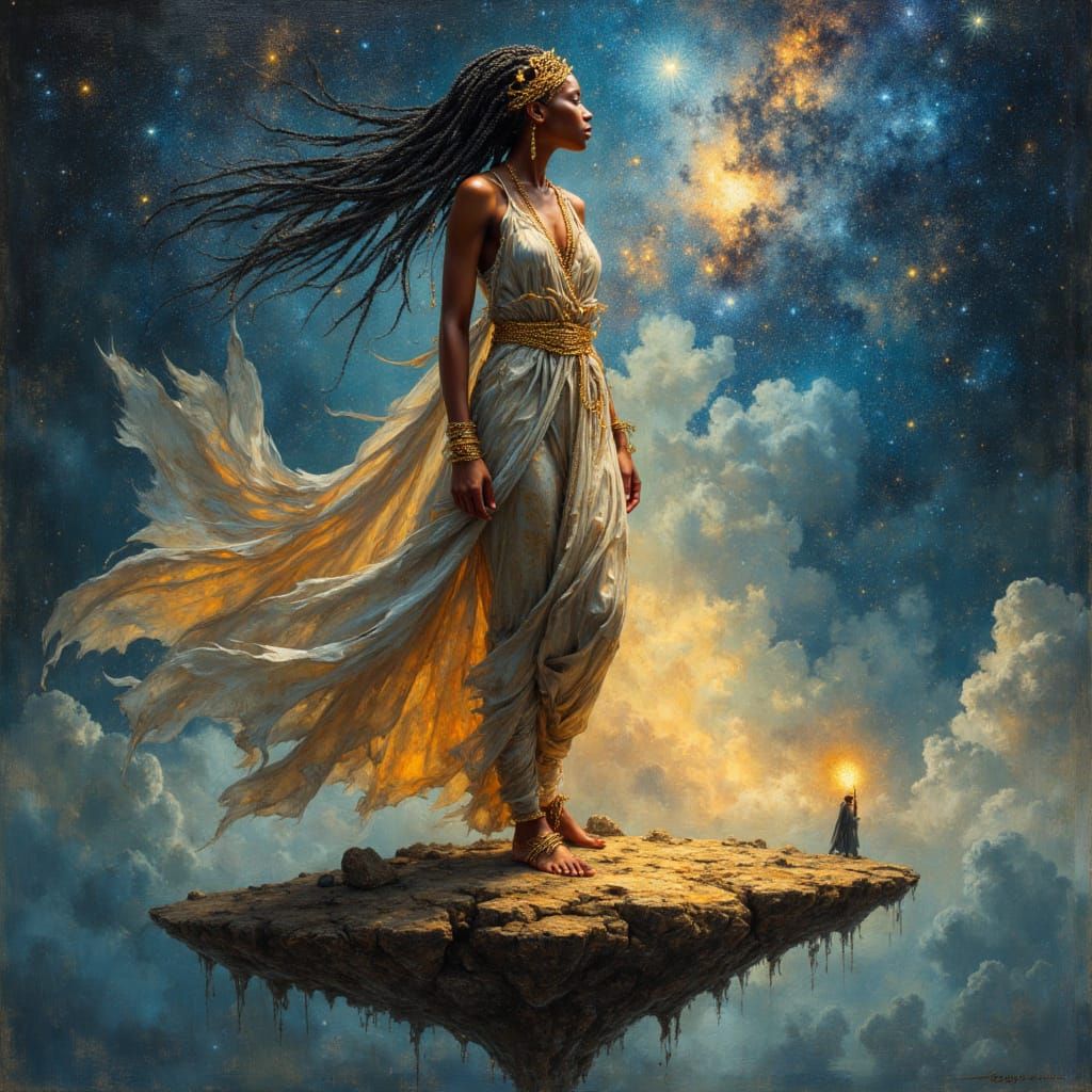 African Goddess in Starlight Robes as Oil Painting