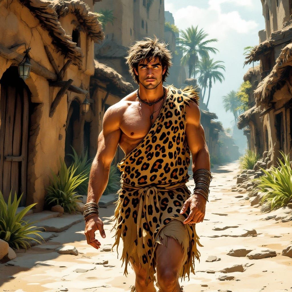 Handsome Caveman in Stone Age Street Scene