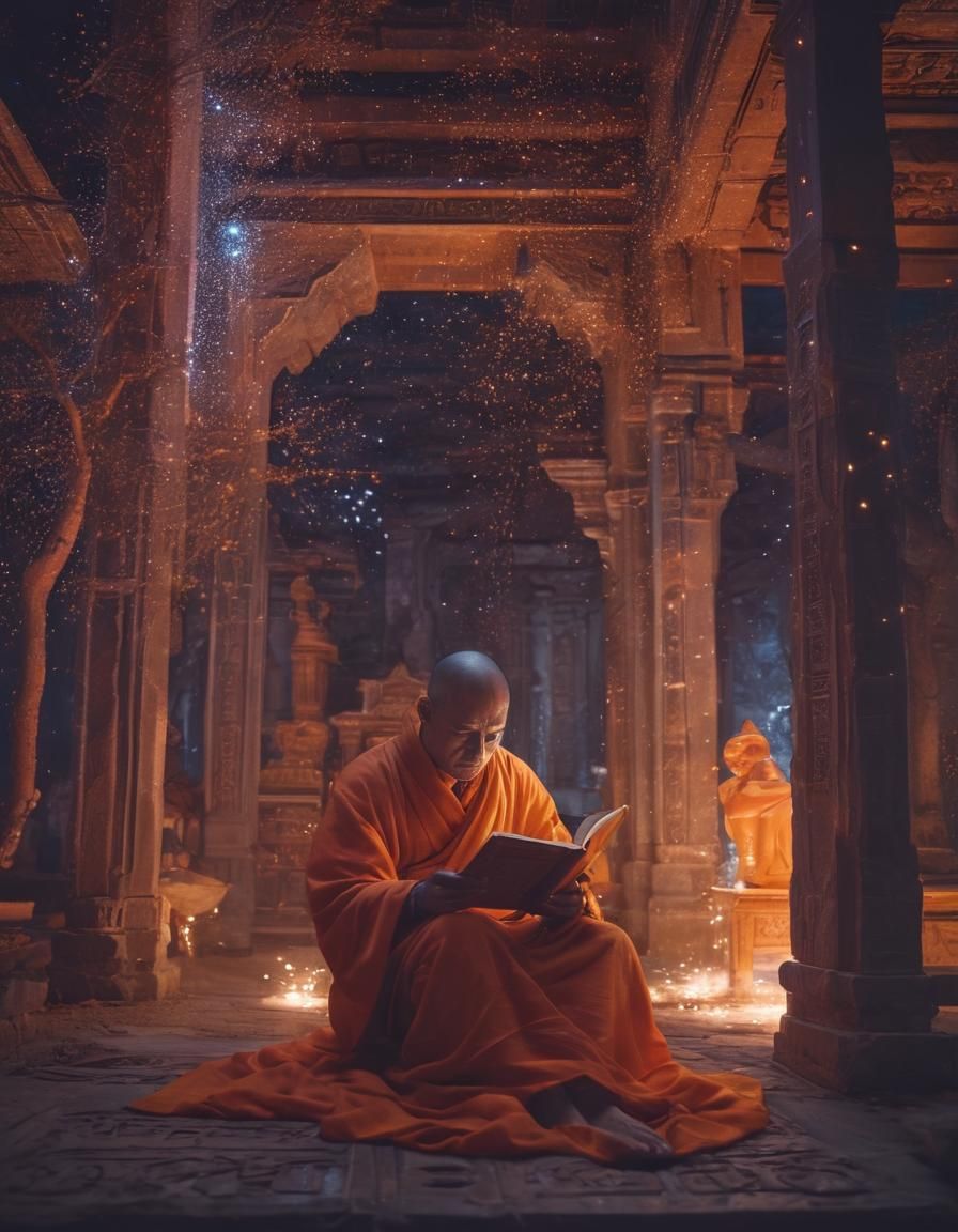 Mystical Neon Monk Reading in Wong Kar-wai Style