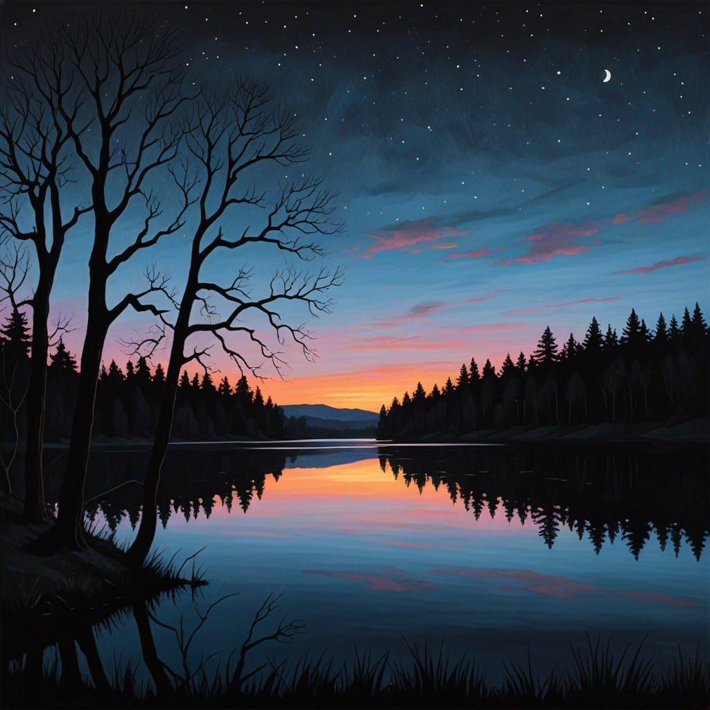 Dark Silhouettes of Trees Reflect on a Calm Lake in Night