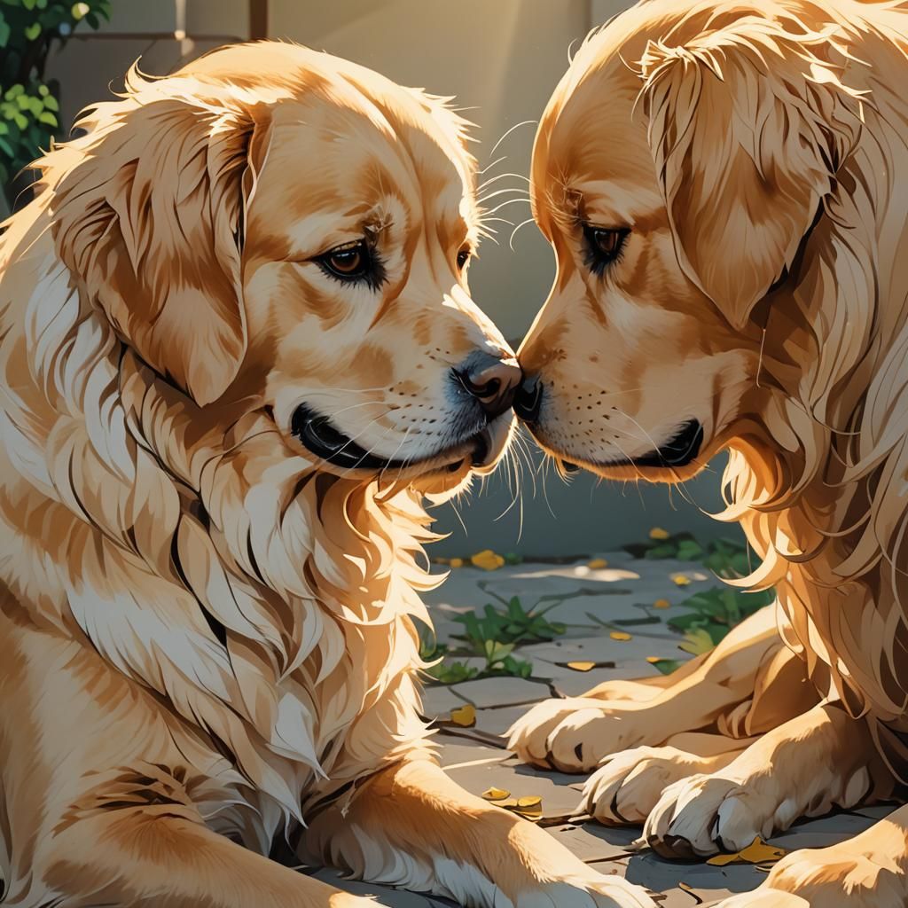 Anime Cat Nudging Golden Retriever in Sunlight