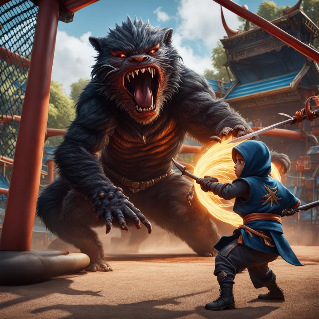 Ninja Boy vs Hairy Monster: Hyperrealistic Playground Battle