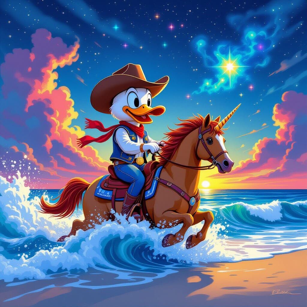 Cowboy Duck Rides Seahorse on Cosmic Beach