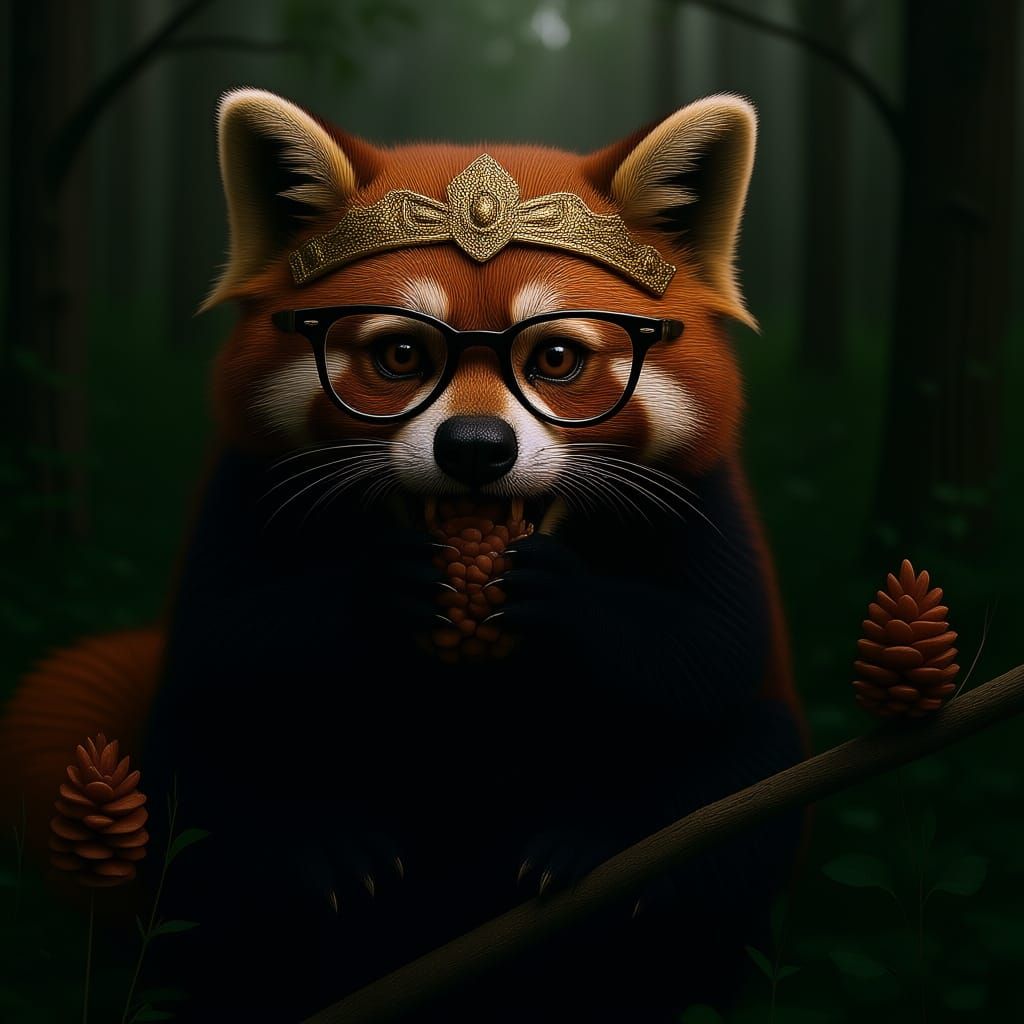 Red Panda Enjoying a Pine Cone Snack