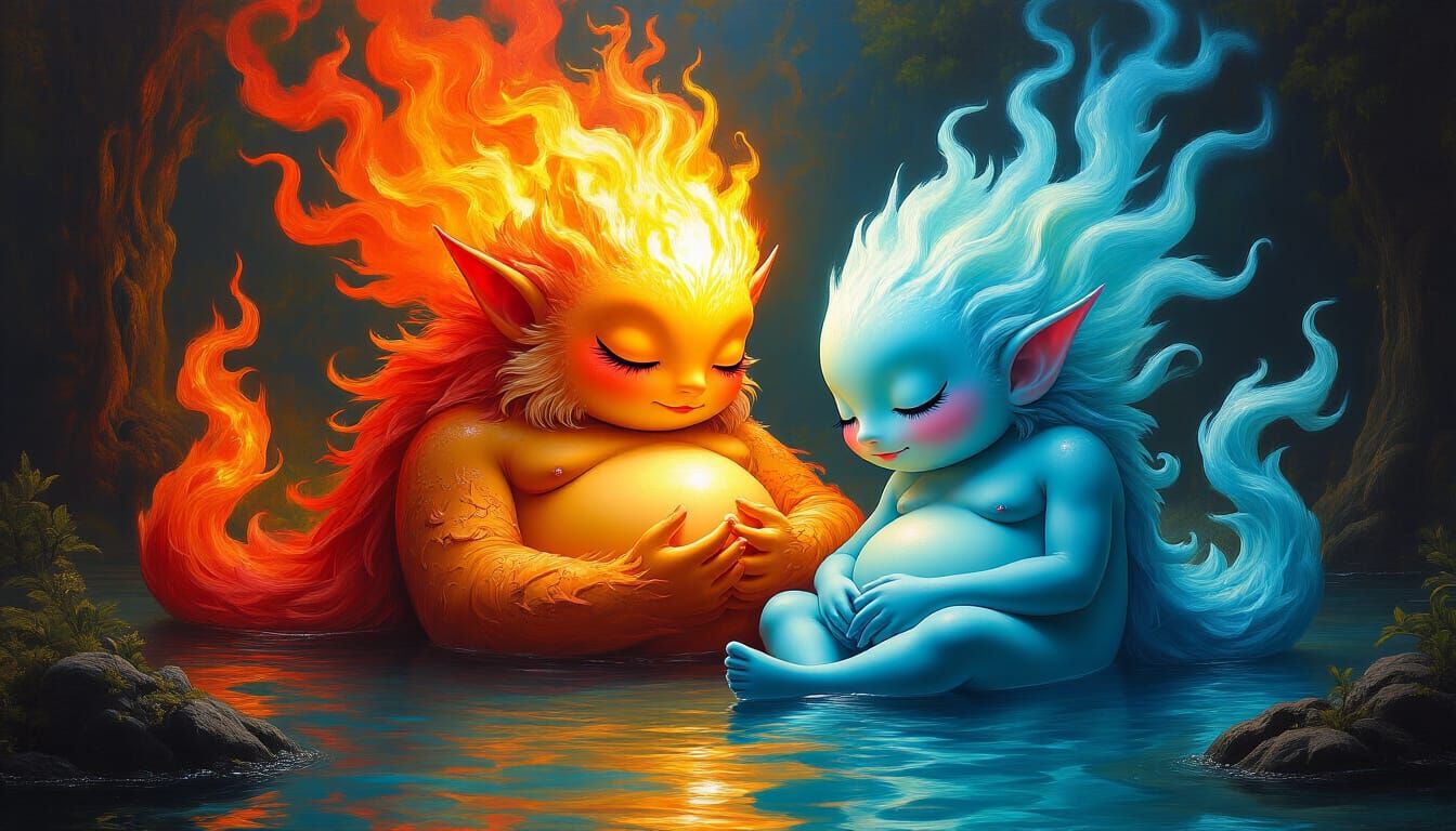Psychedelic Fire and Water Elementals in Surreal Mixed Media