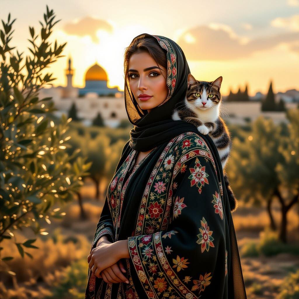 Palestinian Woman with Cat in Traditional Art Style