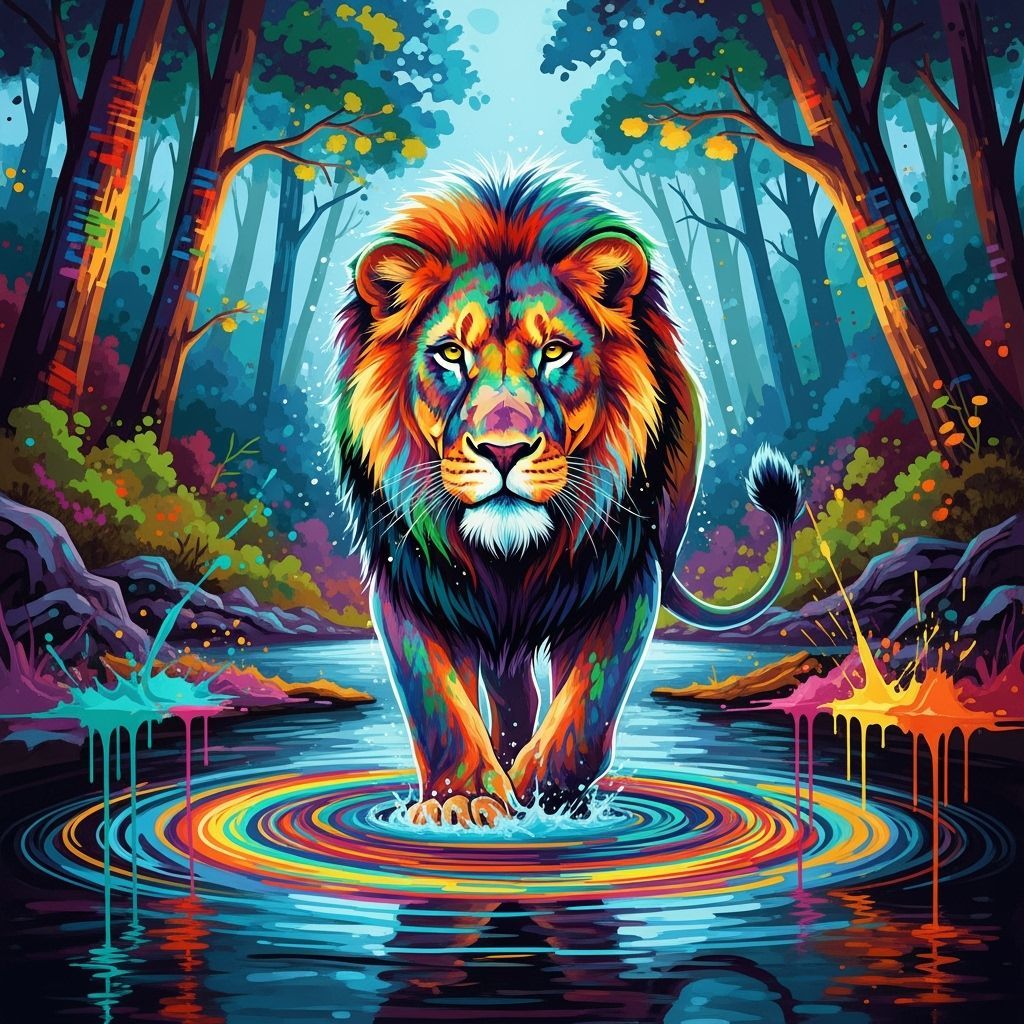 Glowing Lioness on Rainbow River in Graffiti Forest