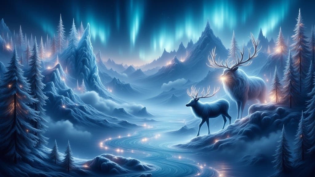 Magical Aurora Borealis Landscape with Ethereal Elk