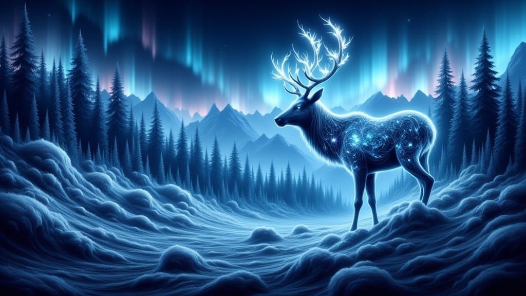 Ethereal Elk Hunt in Aurora Borealis Forest