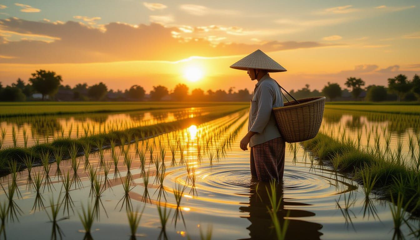 Southeast Asian Farmer in Rice Field at Sunset
