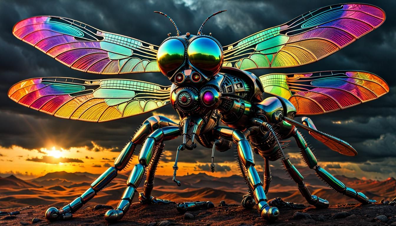 Iridescent Steampunk Dragonfly War Machine in 8K