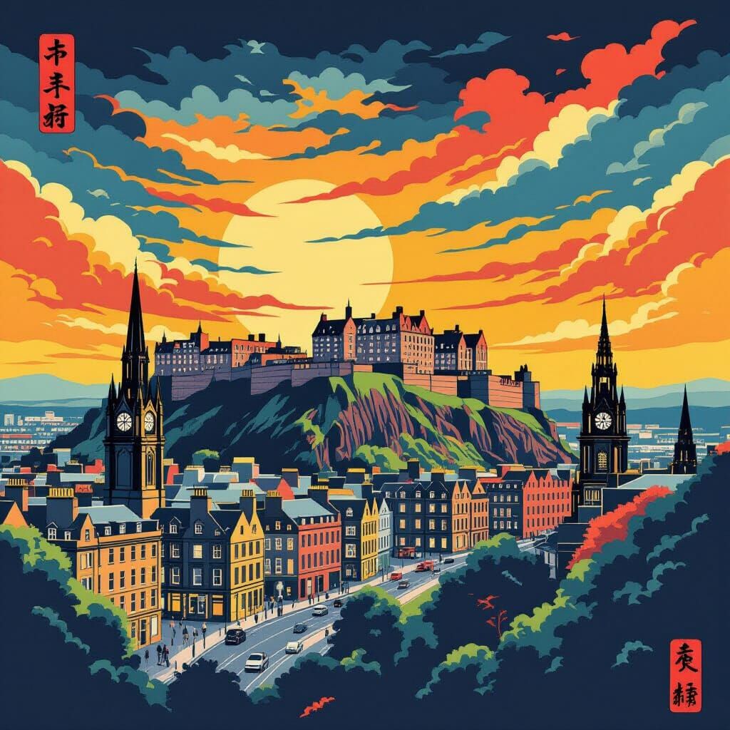 Ukiyo-e style city of Edinburgh Scotland