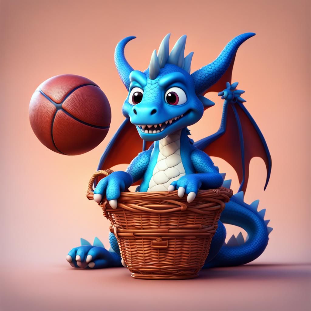 Cute Blue Dragon with Basketball in Pixar Style