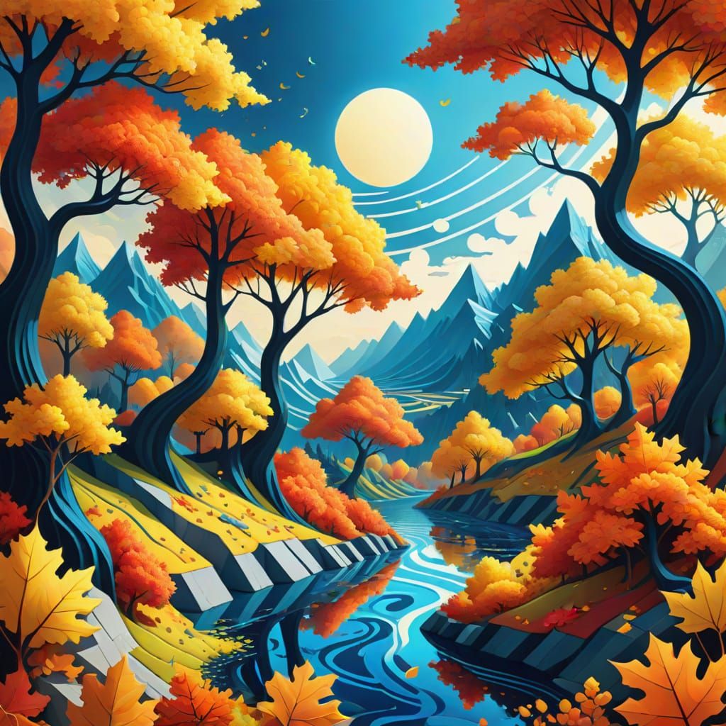 Vibrant Autumn Trees in M.C. Escher-Inspired Hyper-Realistic...