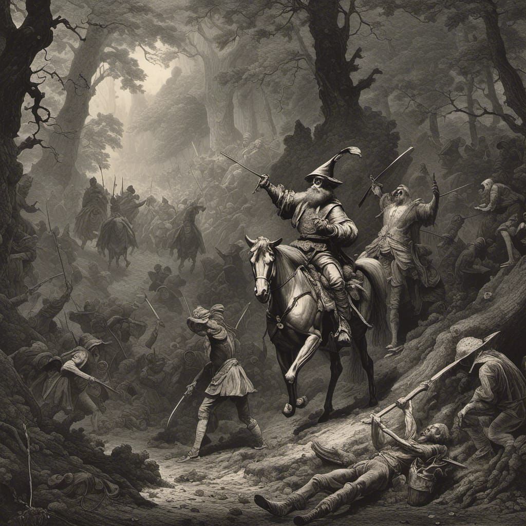 Don Quixote and Sancho Panza in Forest War
