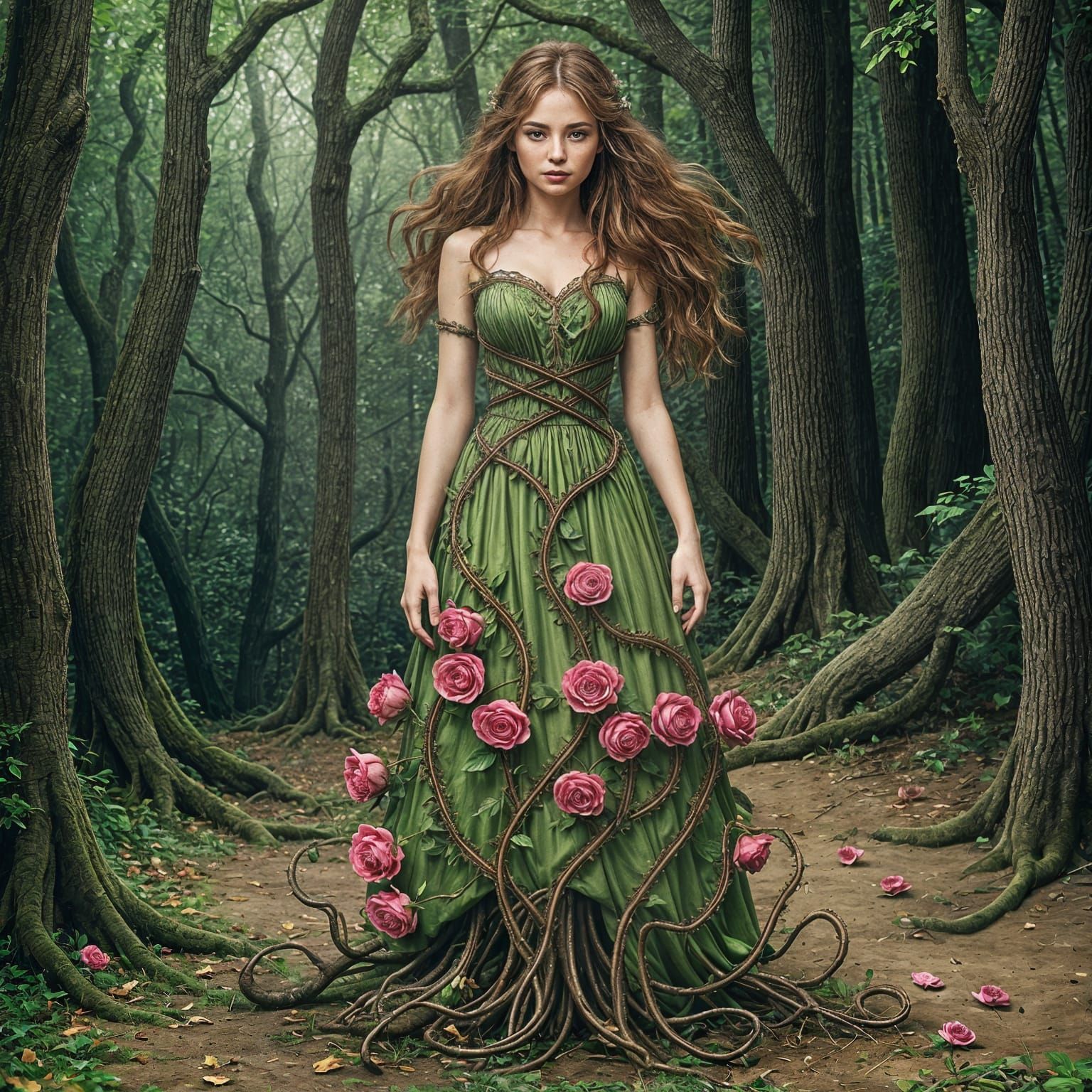 Enchanted Forest Woman in Rose Vine Dress