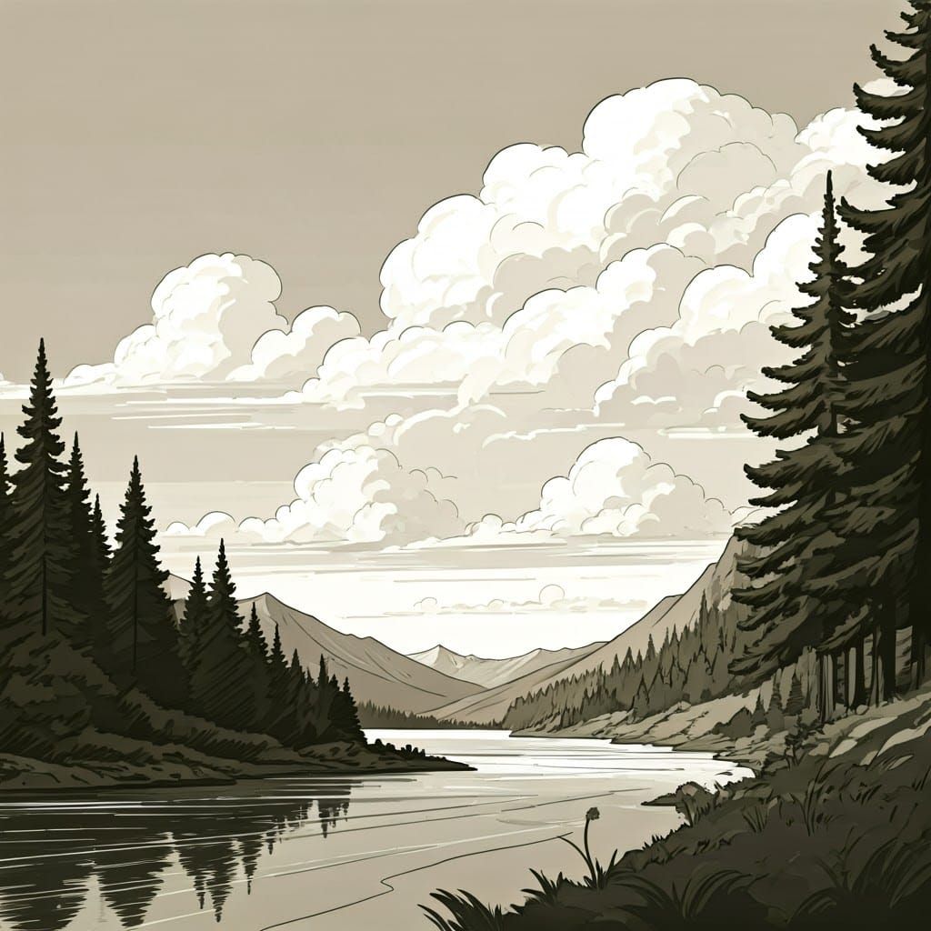 Doodle Style Landscape with Mountains and Trees