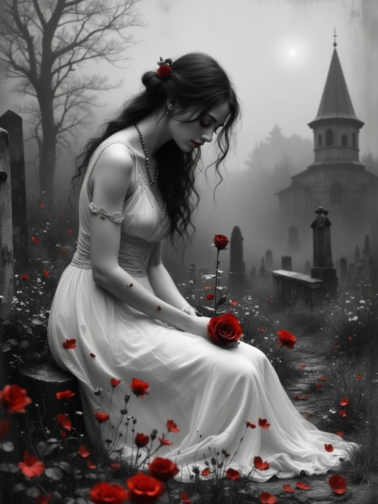 Tragic Woman with Red Rose in Misty Graveyard