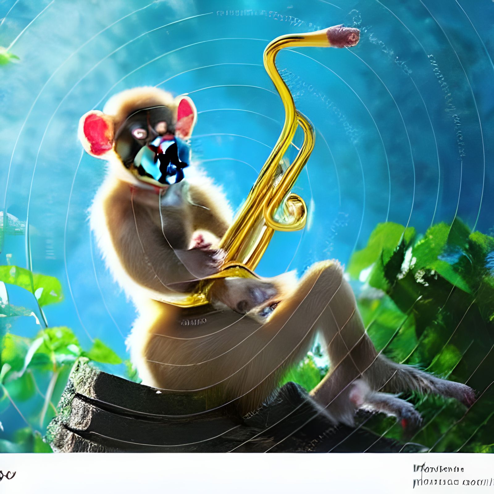 monkey playing a trombone made of butterflies in a pool of m...