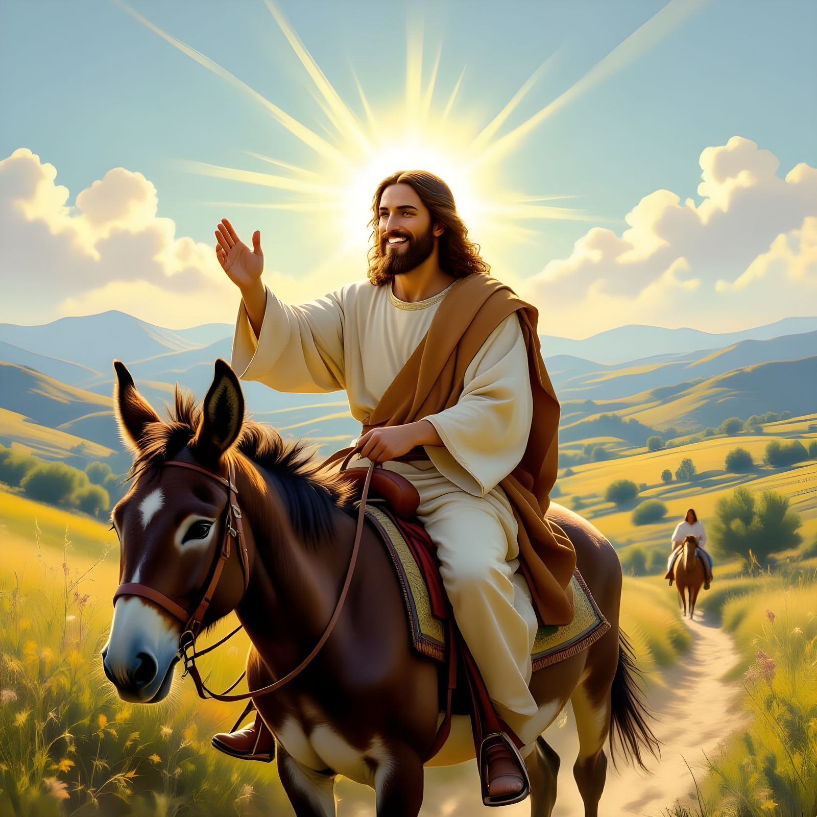 Jesus Christ Joyfully Rides Donkey Through Hills