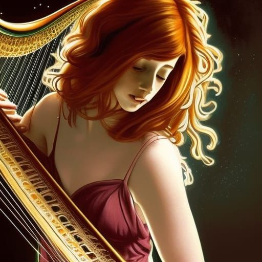 Ginger Harpist Portrait in Hyperdetailed Style
