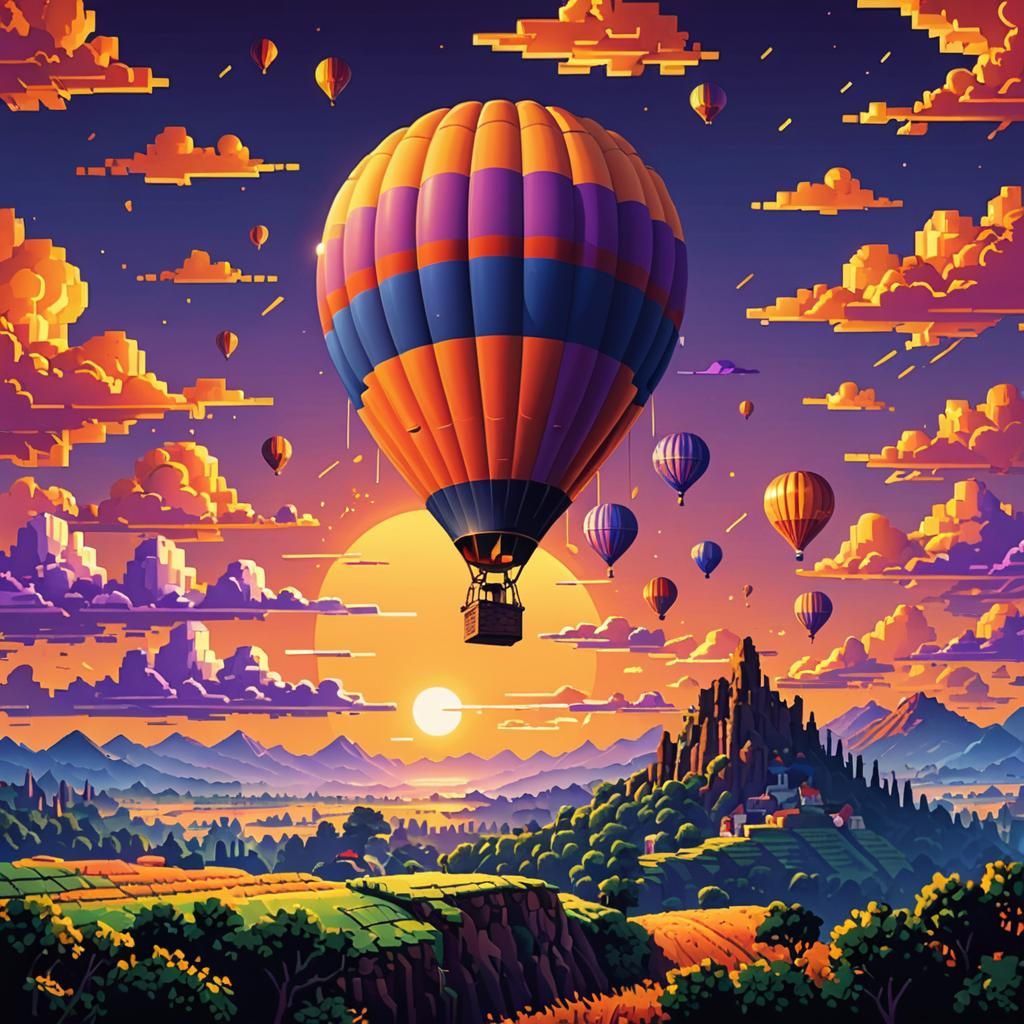 8-Bit Pixel Art Hot Air Balloon Sunset