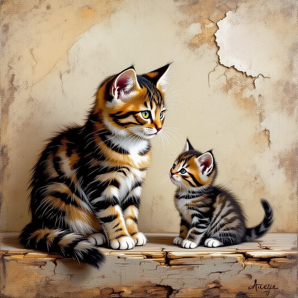 Mother Cat and Kitten Painting in Craquelure Style