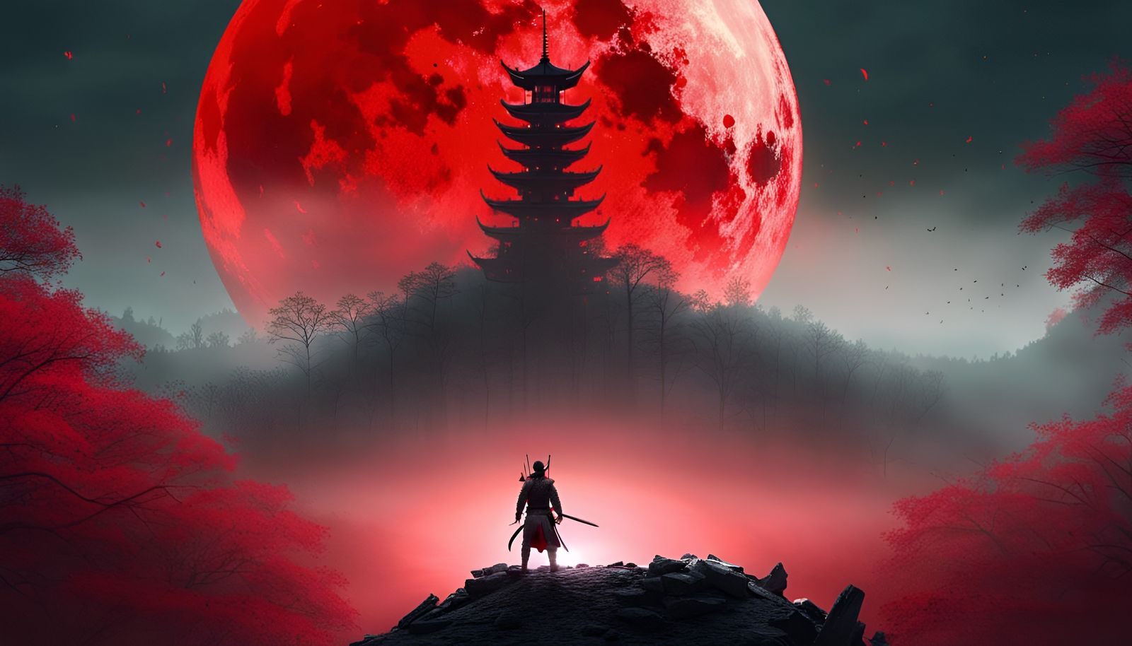 Futuristic Samurai on Red Moon in Mystic Forest