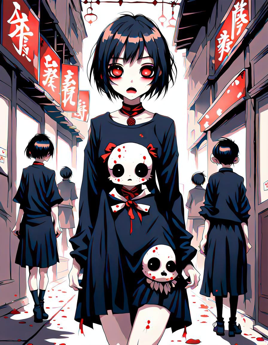 Cute Anime Zombie Girl in Gothic Kawaii Style