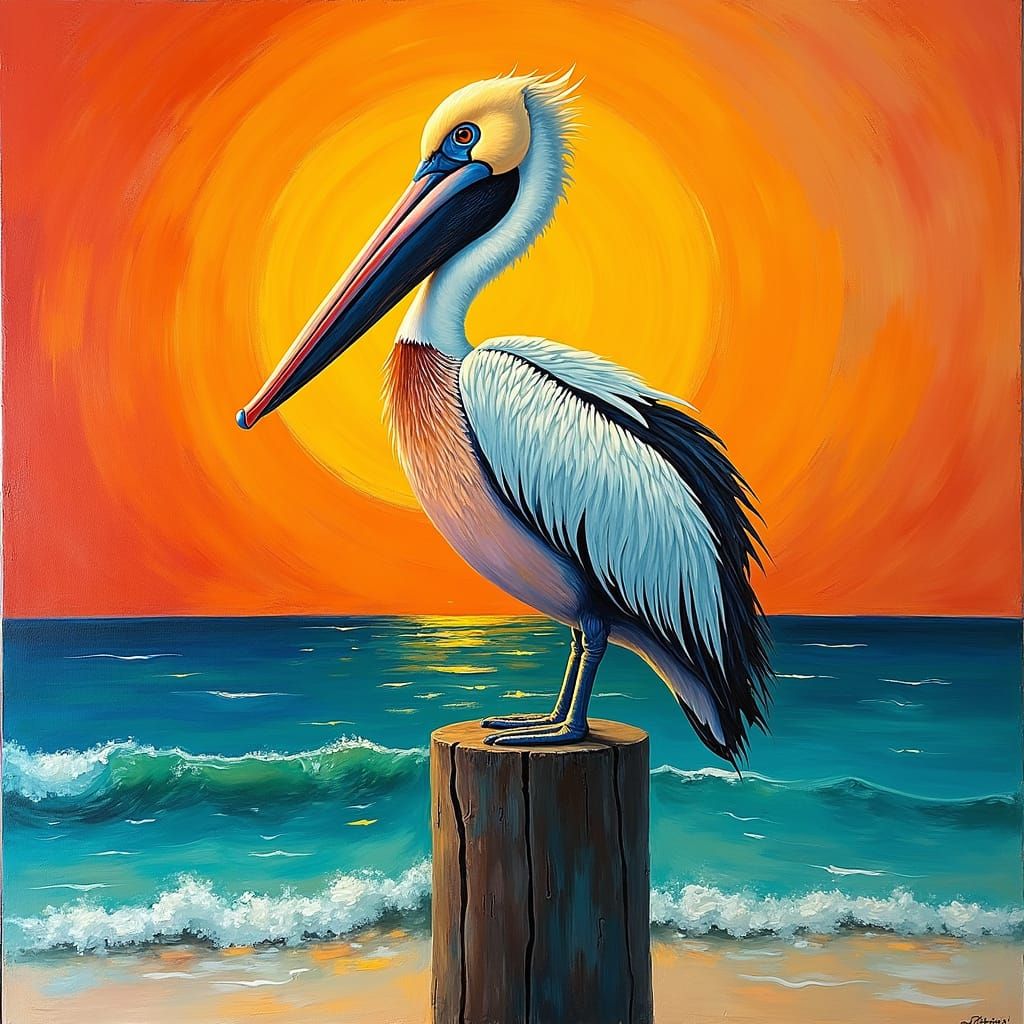 Pelican at Sunset: Abstract Expressionist Coastal Scene