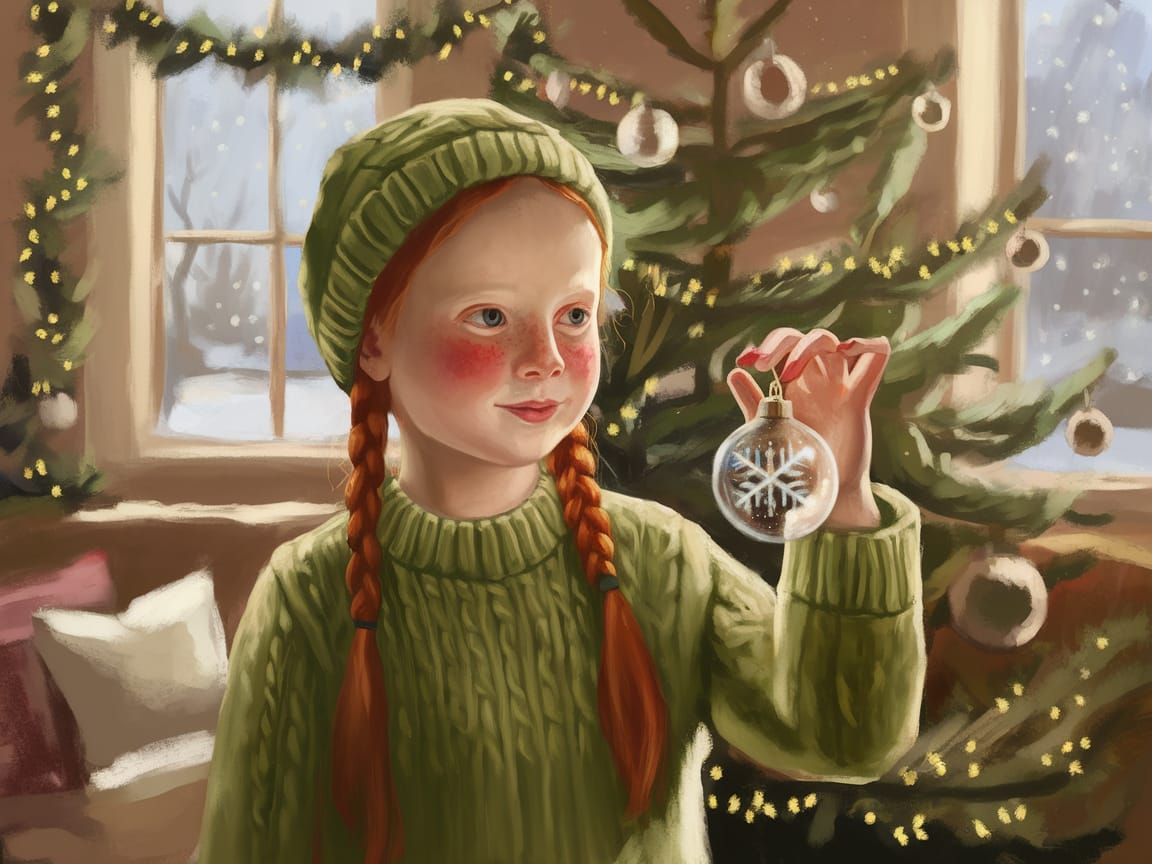 Adorable Festive Girl in Cozy Christmas Setting, in a Tradit...
