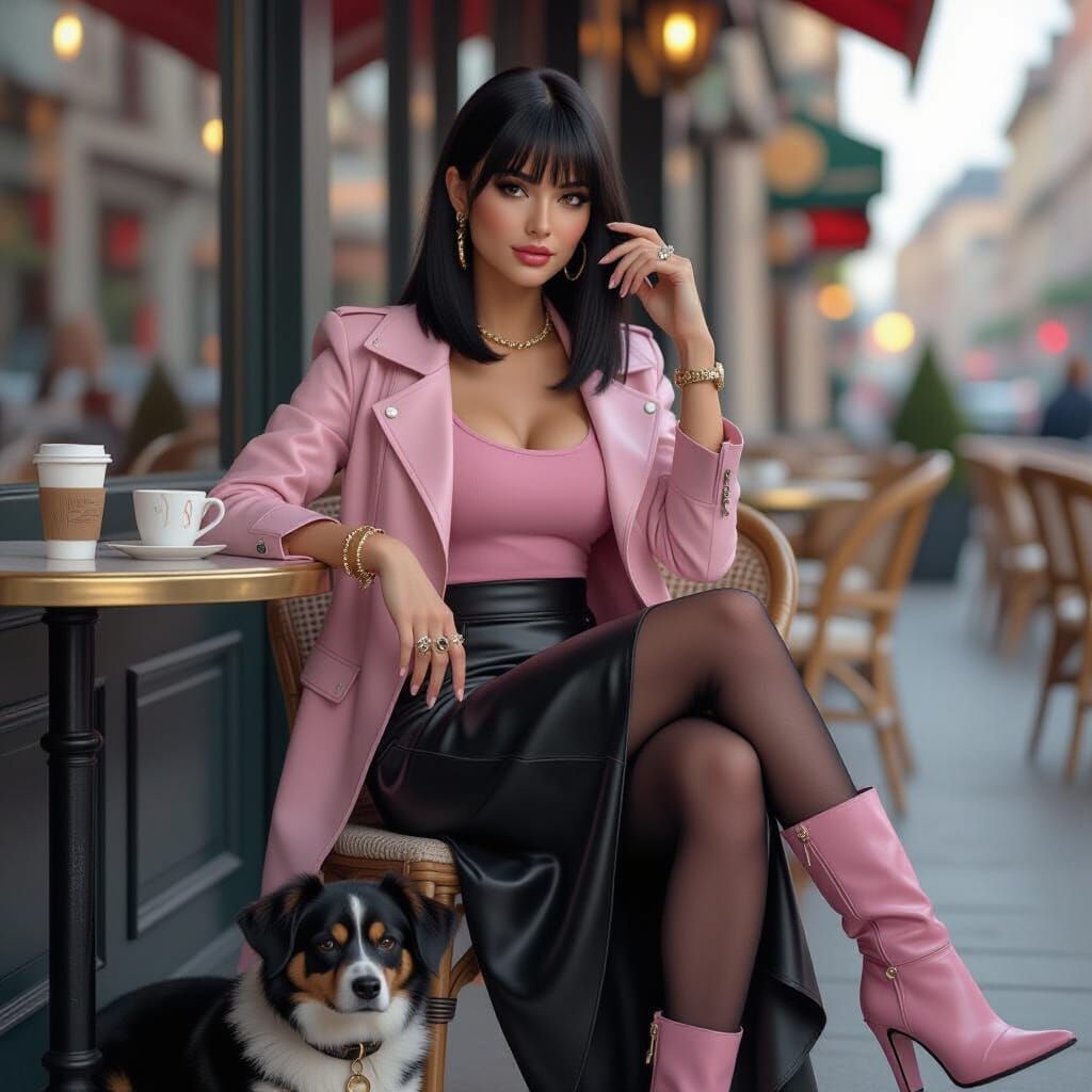 Stylish Woman at Cafe with Dog in Realistic Digital Art