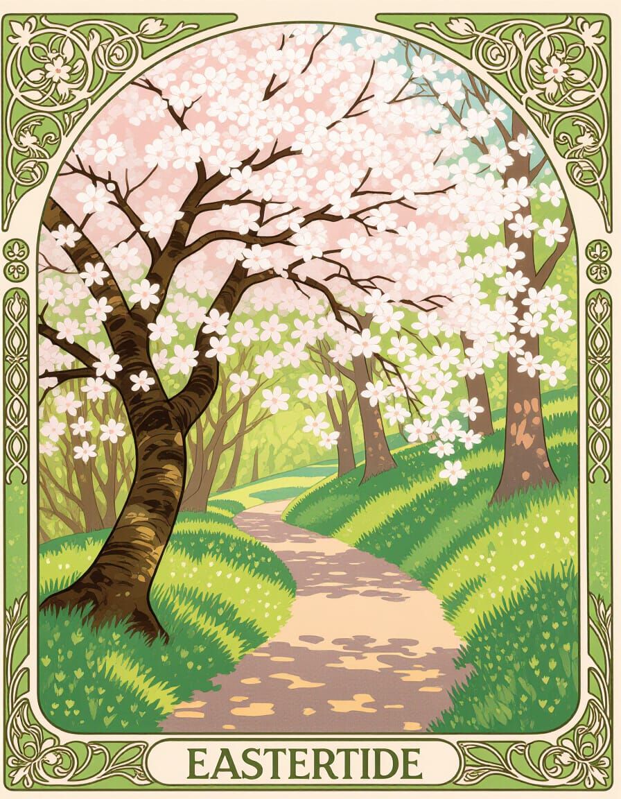 Blooming Cherry Tree Beside Woodland Path in Art Nouveau Sty...