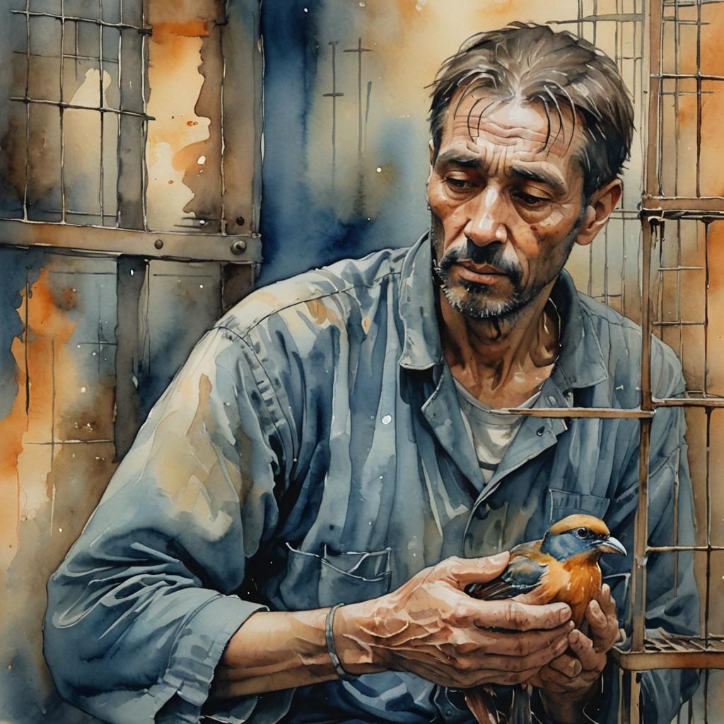 Watercolor Portrait of Prisoner Holding Bird