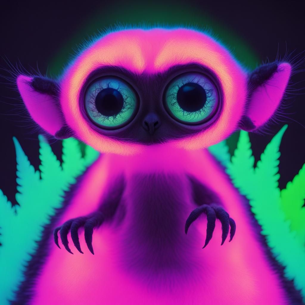 Psychedelic Bonsai Shelter with Glowing Neon Creatures