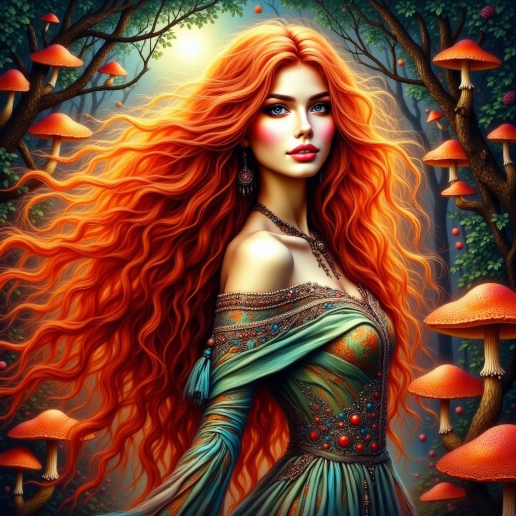 Fiery Grotto Maiden in Folk Art Nouveau Style