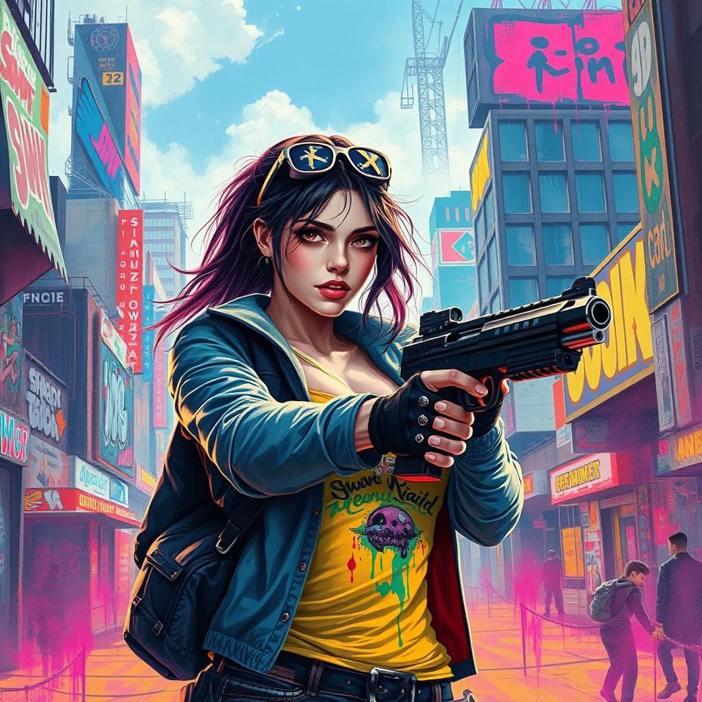 Cyberpunk Gunslinger Graffiti Art in Dystopian Cityscape